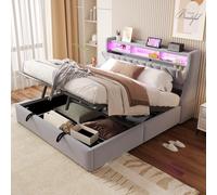 Sweiko Lit rembourré 180 x 200 cm, sommier hydraulique avec Prise électrique et Compartiment de Rangement, Pieds de lit allongés, Tissu Velours (Light Gray, 180 x 200 cm)