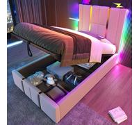 Sweiko Lit rembourré 90×200cm, Cadre de lit avec Chargeur USB Type C, LED Lit Simple, lit de Rangement hydraulique Cadre avec Lattes en Bois, Tissu en Lin Beige (Matelas Non Inclus)