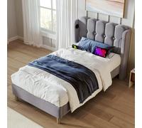 Sweiko Lit rembourré 90 x 200 cm avec Chargement USB Type C, Cadre de lit avec Lattes, Modern lit Adult, Lits pour Jeunes pour Chambres à Coucher, Chambres d'amis,Grey