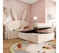 Sweiko Lit rembourré 90x190cm, Cadre de lit Simple avec tête de lit en Forme d'oreilles de Lapin, Rangement à vérin hydraulique et Table de Chevet, revêtement en Velours Moelleux,Beige