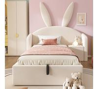 Sweiko Lit rembourré 90x200cm, Cadre de lit Simple avec tête de lit en Forme d'oreilles de Lapin, Rangement à vérin hydraulique et Table de Chevet, revêtement en Velours Moelleux,Beige