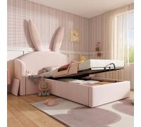 Sweiko Lit rembourré 90x200cm, Cadre de lit Simple avec tête de lit en Forme d'oreilles de Lapin, Rangement à vérin hydraulique et Table de Chevet, revêtement en Velours Moelleux,Rose