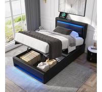 Sweiko Lit rembourré90 x 200 cm, Cadre de lit avec Port USB, lit avec éclairage LED et Espace de Rangement Matière PU ，Black (sans Matelas)