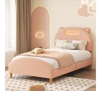 Sweiko Lit simple 90x200cm, Lit d'enfant, Lit rembourré avec barre de LED, Tête de lit avec une drôle de forme d'ours, avec sommier à lattes en bois, Velours, Kaki