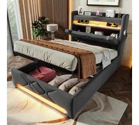 Sweiko Lit Simple rembourré 90 * 200 cm, Cadre de lit avec Rangement USB et C-Port en tête de lit, Fonction LED 360 à la tête et au Pied du lit, Bed Frame avec Rangement hydraulique ，Gray