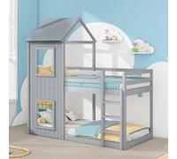 Sweiko Lit superposé 90 * 200 cm,Cadre de lit pour Enfants en Forme de Maison avec échelle et baldaquin(Grau)