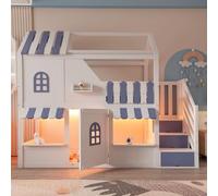 Sweiko Lit superposé 90 x 200 cm, en Forme de Petite Maison, avec Un Cadre Comprenant Une fenêtre, Un Toit, Un Avant-Toit, des balustrades et Une Porte, équipé d'une échelle escamotable (White+Blue)