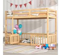 Sweiko Lit superposé avec échelle à Angle Droit 90X200 cm, Cadre de lit avec Rails et Portes, Bois Massif, couchette inférieure sans Lattes (Natural)