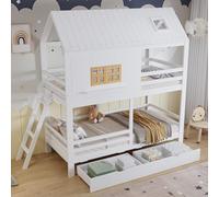 Sweiko Lit Superposé Cabane Enfant de Pin 90x200 cm avec 2 Tiroirs, Blanc | Lit 2 Places, Échelle Réversible Gauche/Droite, Sommier à Lattes, sans Matelas, Gain de Place