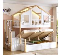Sweiko Lits superposés en Bois Massif 90 * 200+140 * 200cm avec sommier hydraulique, sommier en Bois, lit de Style cabane, équipés d'un éclairage LED et d'un escalier avec rangements