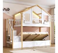 Sweiko Lits superposés en Bois Massif avec sommier hydraulique, sommier en Bois, lit de Style cabane, équipés d'un éclairage LED et d'un escalier avec rangements (90 * 200+90 * 200cm)