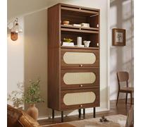 Sweiko Meuble d'appoint en Noyer avec Bordure en rotin, 80 x 40 x 163 cm, Meuble Haut à Cinq Portes, Commode en Bois avec Pieds métalliques, idéal pour Le Salon, Le Couloir et la Cuisine