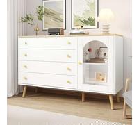 Sweiko Meuble de Rangement 40x120x77.5 cm Multifonction, 4 Tiroirs avec Portes Vitrées Cintrées, Buffet Cuisine Vintage Armoire de Salon avec Portes en Verre Trempé et Étagère Ajustable