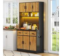 Sweiko Meuble de Rangement avec Éclairage LED et Prises USB Intégrées, Meuble Cuisine Haut et Bas, Buffet de Salon Design Contemporain avec Tiroirs (Bois + Porte de Meuble Noire)