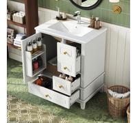 Sweiko Meuble Lavabo 61cm avec Vasque Céramique, Tiroirs Coulissants, Blanc | Salle de Bain indépendant, Étagère de Porte, Trop-plein, Trou Robinetterie, pour Salle de Bain, Robinet non Inclus