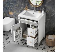 Sweiko Meuble Lavabo 61cm avec Vasque en Céramique, Tiroir Rabattable,Blanc | Lavabo Salle de Bain indépendant, Étagère de Porte, 2 Tiroirs Coulissants, pour Salle de Bain, Robinet non Inclus