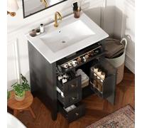 Sweiko Meuble Lavabo 61cm avec Vasque en Céramique, Tiroir Rabattable, Noir | Salle de Bain indépendant, Étagère de Porte, 3 Tiroirs Coulissants, Trop-plein, pour Salle de Bain, Robinet non Inclus