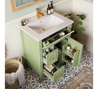 Sweiko Meuble Lavabo 61cm avec Vasque en Céramique, Tiroir Rabattable, Vert | Salle de Bain indépendant, Étagère de Porte, 2 Tiroirs Coulissants, Trop-plein, pour Salle de Bain, Robinet non Inclus
