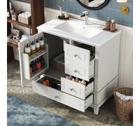 Sweiko Meuble Lavabo 81cm avec Vasque Céramique, Tiroirs Coulissants, Blanc | Salle de Bain indépendant, Étagère de Porte, Trop-plein, Trou Robinetterie, pour Salle de Bain, Robinet non Inclus