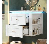 Sweiko Meuble Lavabo Suspendu 61cm avec Vasque en Céramique, Tiroirs, Blanc | Meuble Salle de Bain, Éclairage LED, Étagères Latérale Réglable, Trop-plein, Trou robinetterie, Robinet non Inclus