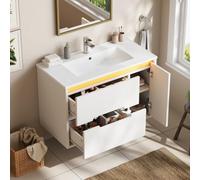 Sweiko Meuble Lavabo Suspendu 81cm avec Vasque en Céramique et LED, Blanc | Meuble Salle de Bain, Éclairage LED, Étagères Latérale Réglable, Trop-plein, Trou robinetterie, Robinet non Inclus