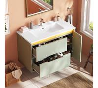 Sweiko Meuble Lavabo Suspendu 81cm avec Vasque en Céramique et LED, Vert | Meuble Salle de Bain, Éclairage LED, Étagères Latérale Réglable, Trop-plein, Trou robinetterie, Robinet non Inclus