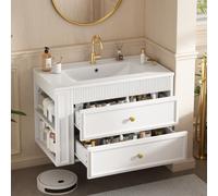 Sweiko Meuble Lavabo Suspendu 81cm avec Vasque en Céramique, Tiroirs, Blanc | Meuble Salle de Bain, Éclairage LED, Étagères Latérale Réglable, Trop-plein, Trou robinetterie, Robinet non Inclus