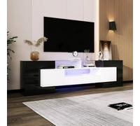 Sweiko Meuble TV bas avec éclairage LED, commode avec beaucoup d'espace de rangement, forme unique avec surfaces en verre, design moderne (noir et blanc)