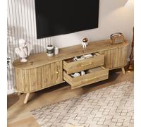 Sweiko Meuble TV de 160 cm de Large, avec Un Plateau orné d'un Motif rainuré Vertical, équipé de 2 Portes coulissantes et de 2 tiroirs, Socle en Bois Massif, Finition Bois