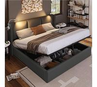 Sweiko Rembourré Cadre de Lit avec éclairage LED sommier et Rangement à Lattes,USB Chargement,140x200 Coffre de lit sommier à Lattes en PU Double Adulte Lit pour Adolescents Gris (sans Matelas)