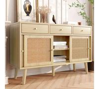 Sweiko Sideboard, Commode de rangement en rotin avec 3 tiroirs et portes coulissantes, multifonctionnelle, avec pieds en bois massif, armoire multifonction avec étagère réglable (chêne)