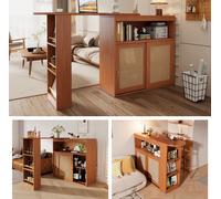 Sweiko Table de bar extensible avec espace de rangement, tressage rotin sur les façades de porte, étagères réglables, table haute de bistrot, table de cuisine îlot, petit bar (138-193×39×104cm)