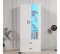 Sweiko Vitrine avec éclairage LED 16 Couleurs Vitrine étagère Debout avec 2 Portes et 2 Tiroirs Meuble de Salon Blanche éléments Muraux de Salon Armoires LED Buffet étagère Haute Bibliothèque
