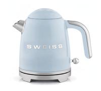 SWEISS Bouilloire électrique vintage KTS6, 1L, Inox compacte pratique 1200W, Ébullition rapide, Niveau d'eau visible et gradué, Arrêt automatique, Base pivotante 360°, Bleu
