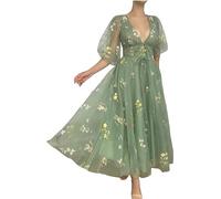 SWEMILE Décor Fleuri Robe de Demoiselle D'Honneur en Tulle Mi-Longue, Col en V Dos Nu A-Line pour Femme Manches Bouffantes Princess Quinceanera