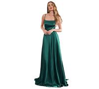 SWEMILE Femme Robe Longue Elégante en Satin Dos Nu avec Bretelles avec Fente Latérale pour Mariage Demoiselle d'honneur Soirée Cérémonie Cocktail Robe Sexy A-Line Princesse Ado Robe Vert Emeraude