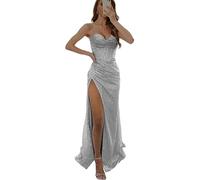 SWEMILE Robe Asymétrique Longue Femme Paillettes Col en Coeur sans Manches Bretelles Robes Chic Elégant Sexy Robe pour Fête Mariage Anniversaire Bal Soirée Cocktail Cérémonie Robe Argenté Taille 38