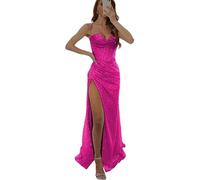 SWEMILE Robe de Bal en Lurex à Bretelles Spaghetti Robe de Soirée Longue sans Manches Dos Nu Robe de Gala de Cocktail avec Fente Sexy Robe de Témoin de Mariage Robe Rose Vif Taille 44
