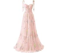 SWEMILE Robe de Bal en Tulle avec Broderie Florale pour Femme et Fille Princesse Robe Longueur sans Manches Robe Bustier A-Line avec Bretelles Spaghetti d'anniversaire de Soirée Rose 40