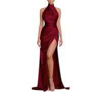 SWEMILE Robe de Gala Femme en Satin Col Halter sans Manches Dos Nu Robe de Soirée de Bal de Cocktail de Cérémonie Robe Fendue Sexy Robe Femme Chic et Elegant Robe Bordeaux Taille 42