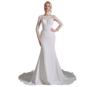 SWEMILE Robe de Mariage sur Mesure en Blanc Robe Sirène Col Rond Jupe Longue au Sol Broderie de Dentelle Florale Manches Longues Transparentes Jupe à Taille Haute Convenable pour Les Belles Mariées