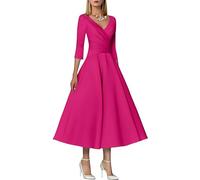 SWEMILE Robe de Mère de Mariée Grand-Mère Plissée en Élastique Satin Col V Longue Manches Grande Taille Chic et Élégante Demoiselle d'Honneur Fuchsia Taille 42