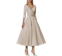 SWEMILE Robe de Mère de Mariée Grand-Mère Plissée en Élastique Satin Col V Longue Manches Grande Taille Chic et Élégante Demoiselle d'Honneur Kaki Taille 38