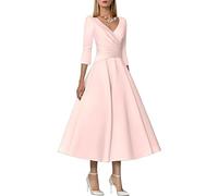 SWEMILE Robe de Mère de Mariée Robe Grand Mere Plissé Robe en Élastique Satin Col V Longue Manches Robe Grande Taille Robe Chic et Elégante Robe Demoiselle d'honneur Robe Rose Nacré Taille 38