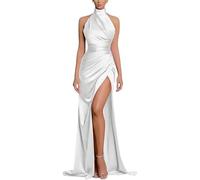 SWEMILE Robe de Soiree Blanc Robe de Mariée Robe Longue Satin Tenue de Ceremonie Femme Chic Robe avec Fente sans Manches Col Halter d'anniversaire Robe Sirene Blanche Robe Blanc Taille 42