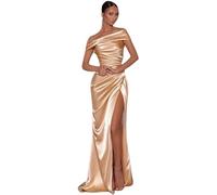 SWEMILE Robe de Soirée Chic et Elégante pour Femme Col Carmen Épaules dénudées Robe Satin Plissée Asymétrique sans Manches
