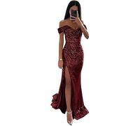 SWEMILE Robe de soirée Cocktail Femme Elégante Décolleté en Cœur à Paillettes Robe Longue Sexy Slime Robe Fendue à Sequins Mode Maxi Dress Robe Asymétrique Robe Bourgogne Taille 32