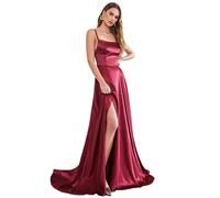 SWEMILE Robe De Soiree Femme 2024 Ete Chic et Elegant Maxi Longue Robes en Satin Sexy Bretelles Fendue Dress Mode de Bal Cocktail Dreses pour Mariage Party Habillée Robe Bordeaux Taille 32