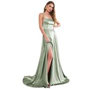 SWEMILE Robe De Soiree Femme 2024 Ete Chic et Elegant Maxi Longue Robes en Satin Sexy Bretelles Fendue Dress Mode de Bal Cocktail Dreses pour Mariage Party Habillée Robe Sauge Cendré Taille 32