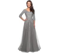 SWEMILE Robe de Témoin de Mariage Longue Manche Col en V A-Line en Tulle avec Dentelle Appliquée Robe Pratique avec Poche Robe pour Personne Agée Robe Femme Chic et Elegant Robe Argenté 44